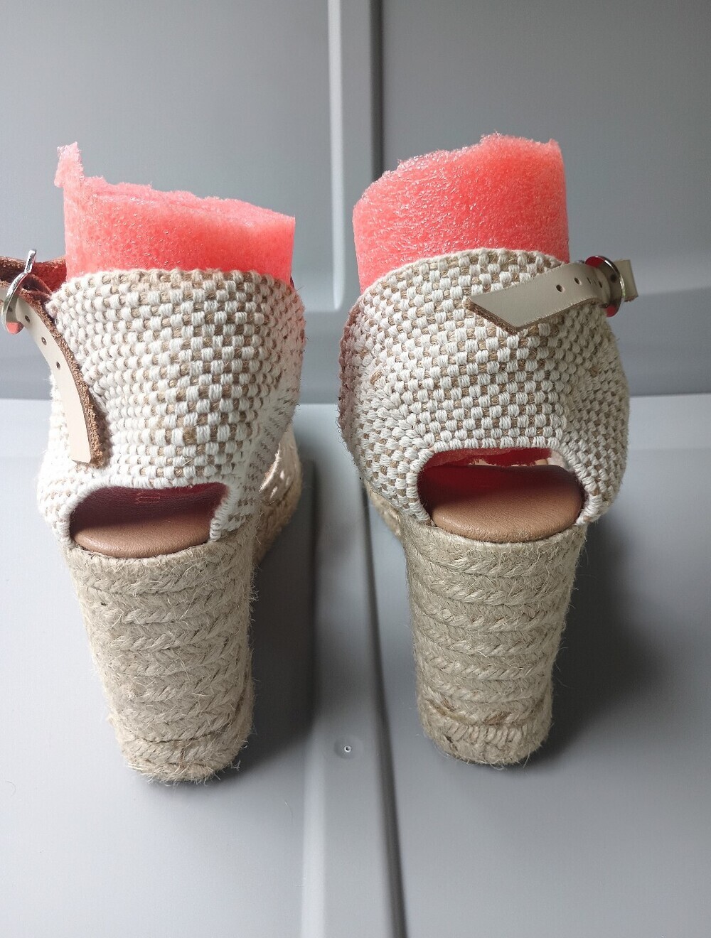 Cream-colored Maypol Beige Eyelet Canvas Espadrille Wedge Sandals Made in Spain - Picture 10 of 16
